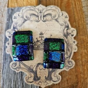 Vintage 1980's Retangle Post Earrings Black Green Blue Pink Glitter